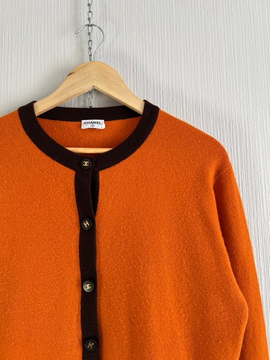 Chanel 1996 Orange Brown Cashmere Knit Set Short Sleeve T-Shirt and Cardigan