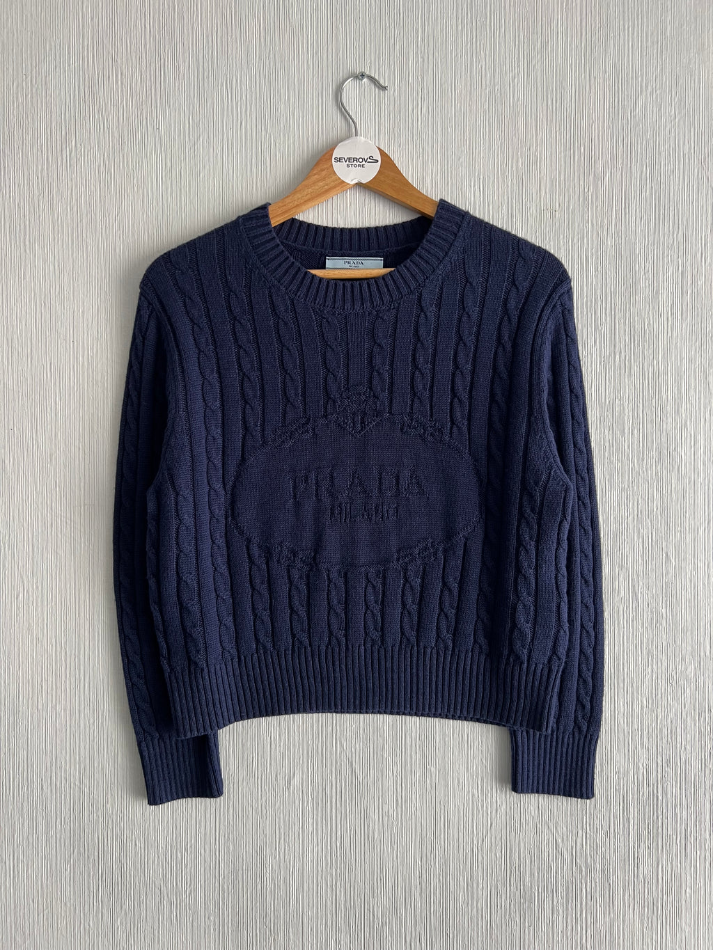 Prada Logo Navy Cotton Cable-knit Sweater