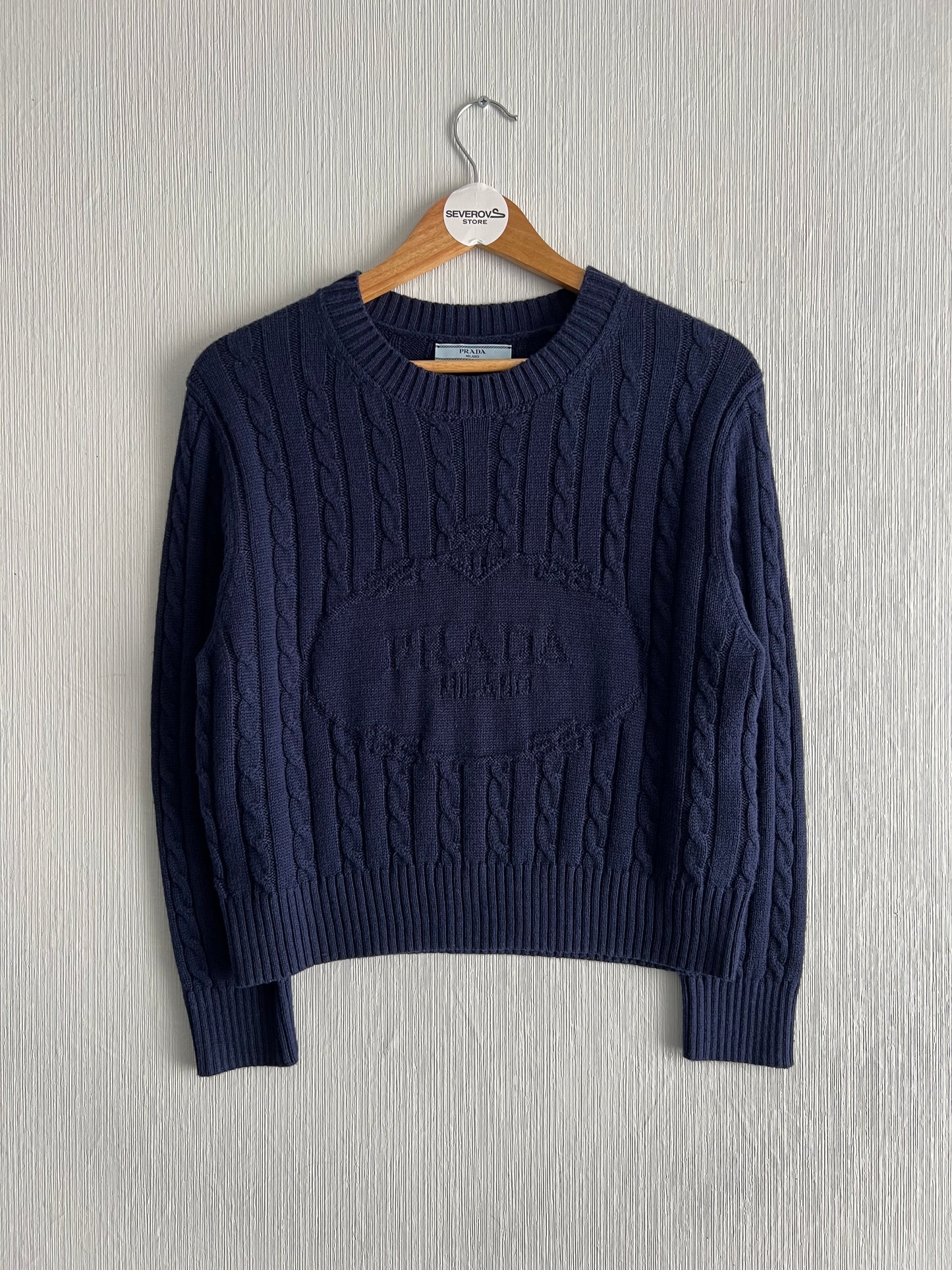 Prada Logo Navy Cotton Cable-knit Sweater