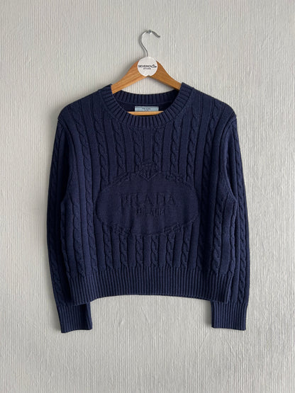 Prada Logo Navy Cotton Cable-knit Sweater