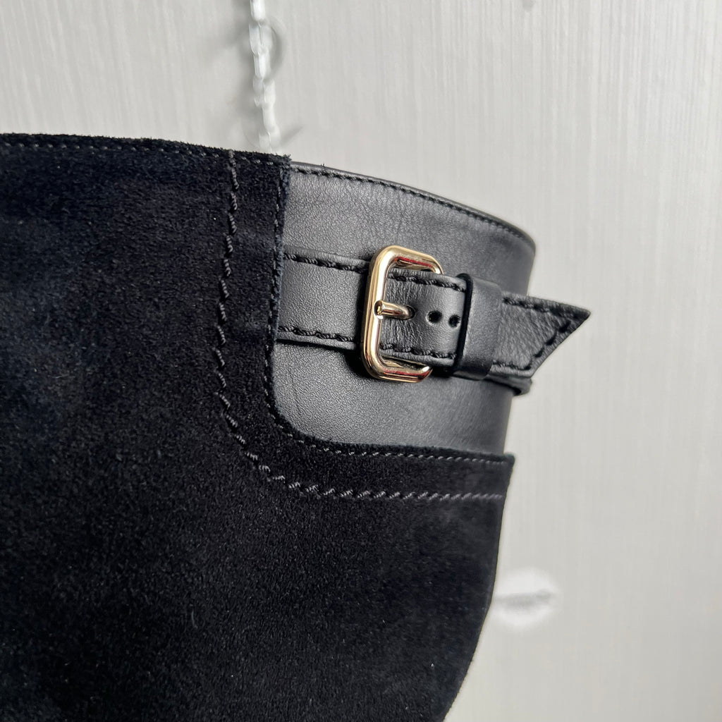 Tod's Black Leather and Suede Fibbie Mid Calf Biker Boots