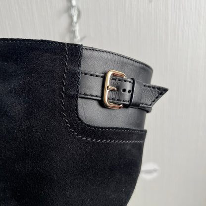 Tod's Black Leather and Suede Fibbie Mid Calf Biker Boots