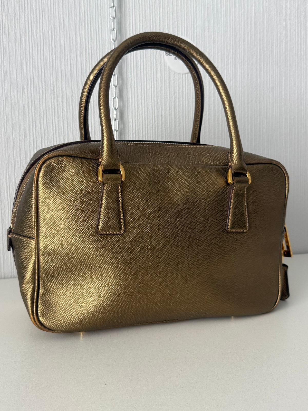 Prada Gold Saffiano Leather Top Handle Bowling Bag