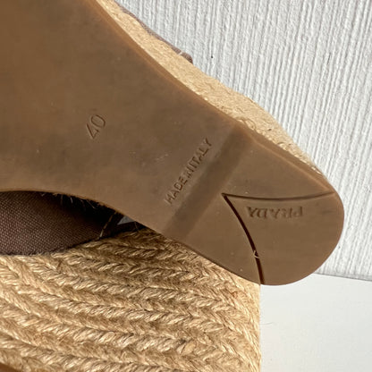 Prada Logo Embroidered Wedge Sandals in Light Brown Colour
