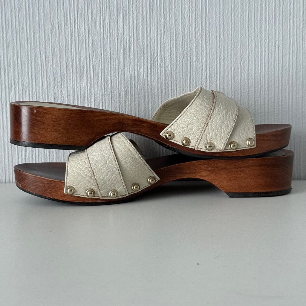 Gucci White Leather Horsebit Wooden Clogs Mules