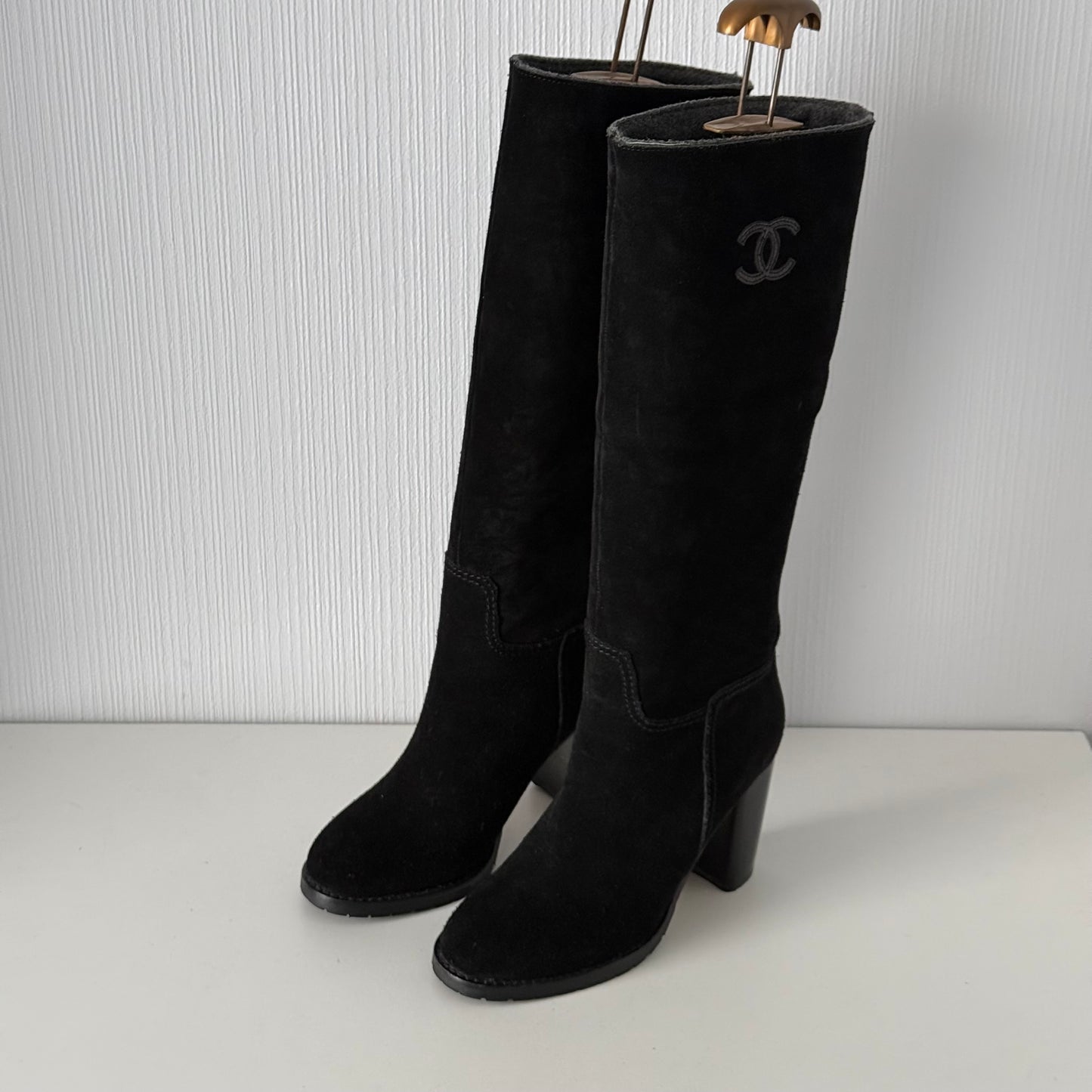 Chanel CC Logo Black Suede Leather High Boots