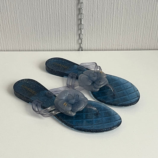 Chanel Blue Glitter Rubber Camelia Sandals