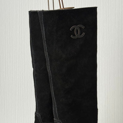 Chanel CC Logo Black Suede Leather High Boots