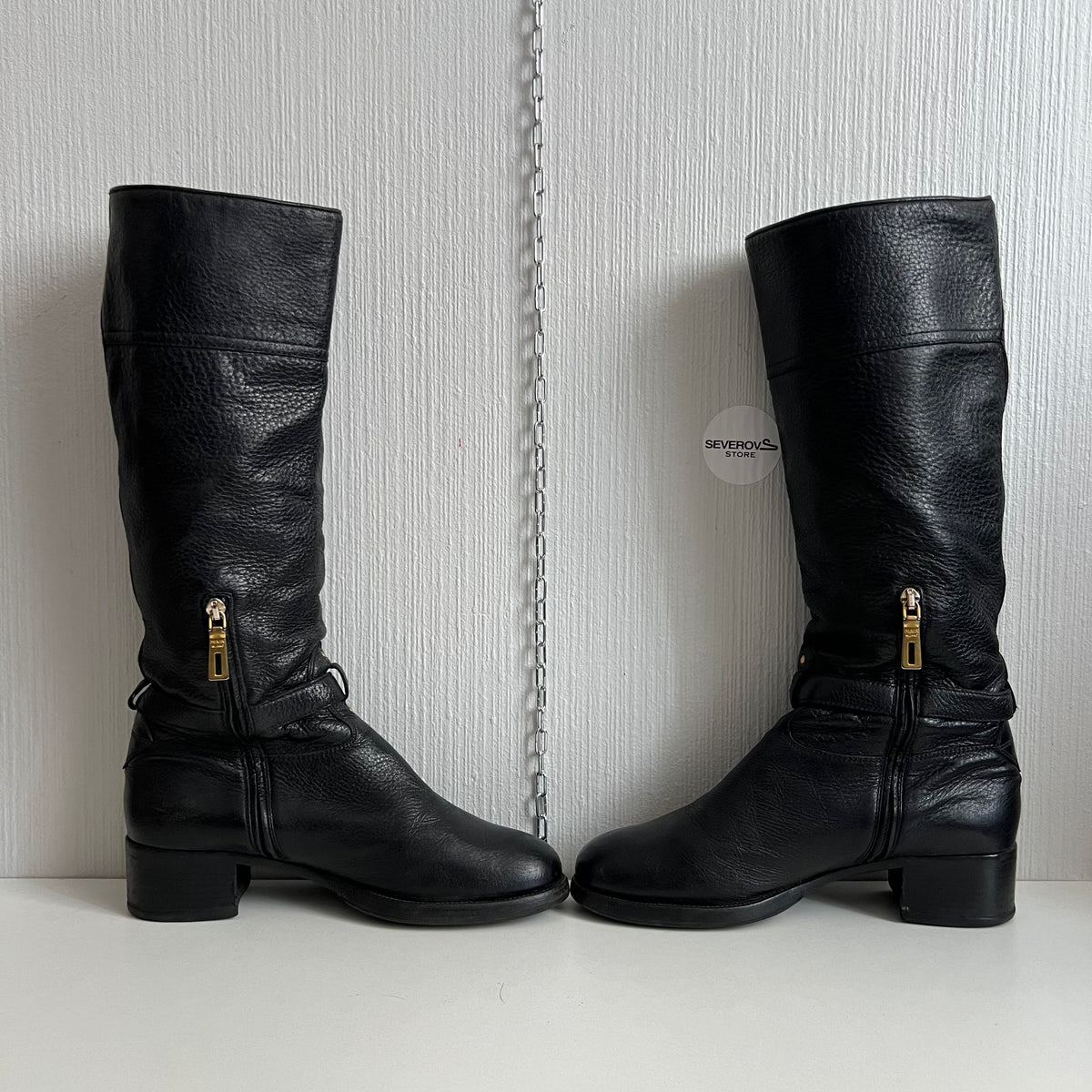 Prada Cervo Logo Knee High Black Leather Riding Boots