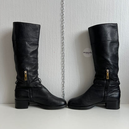 Prada Cervo Logo Knee High Black Leather Riding Boots