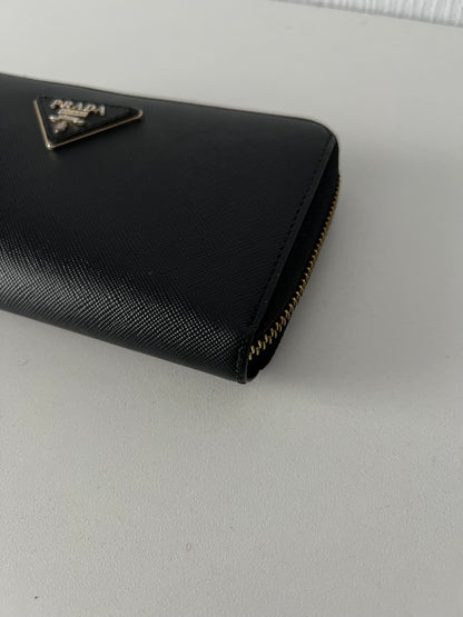 Prada Black Saffiano Leather Zip Around Wallet