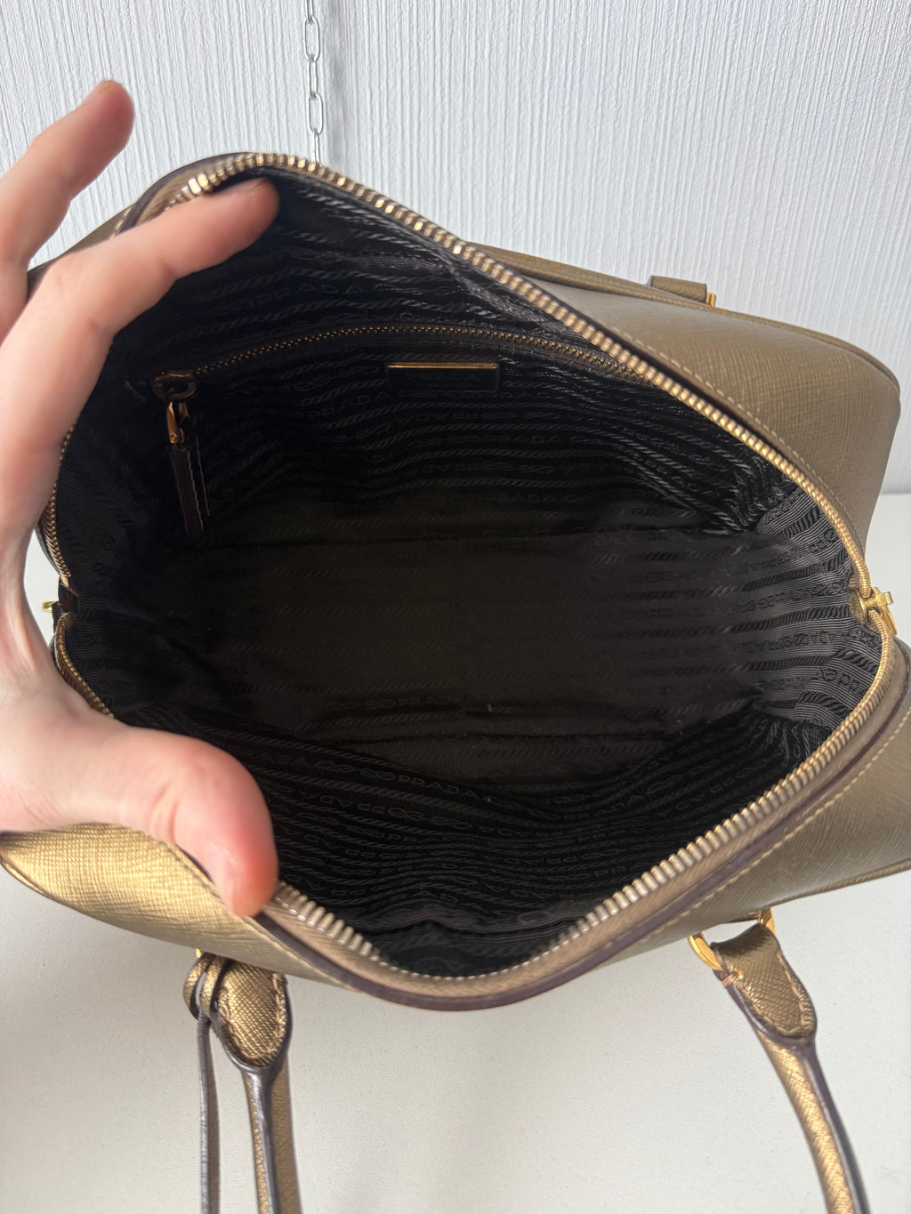 Prada Gold Saffiano Leather Top Handle Bowling Bag