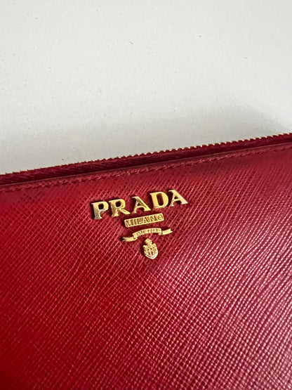 Prada Red Saffiano Leather Zip Around Wallet