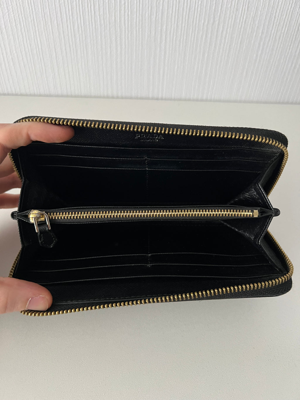 Prada Black Saffiano Leather Zip Around Wallet