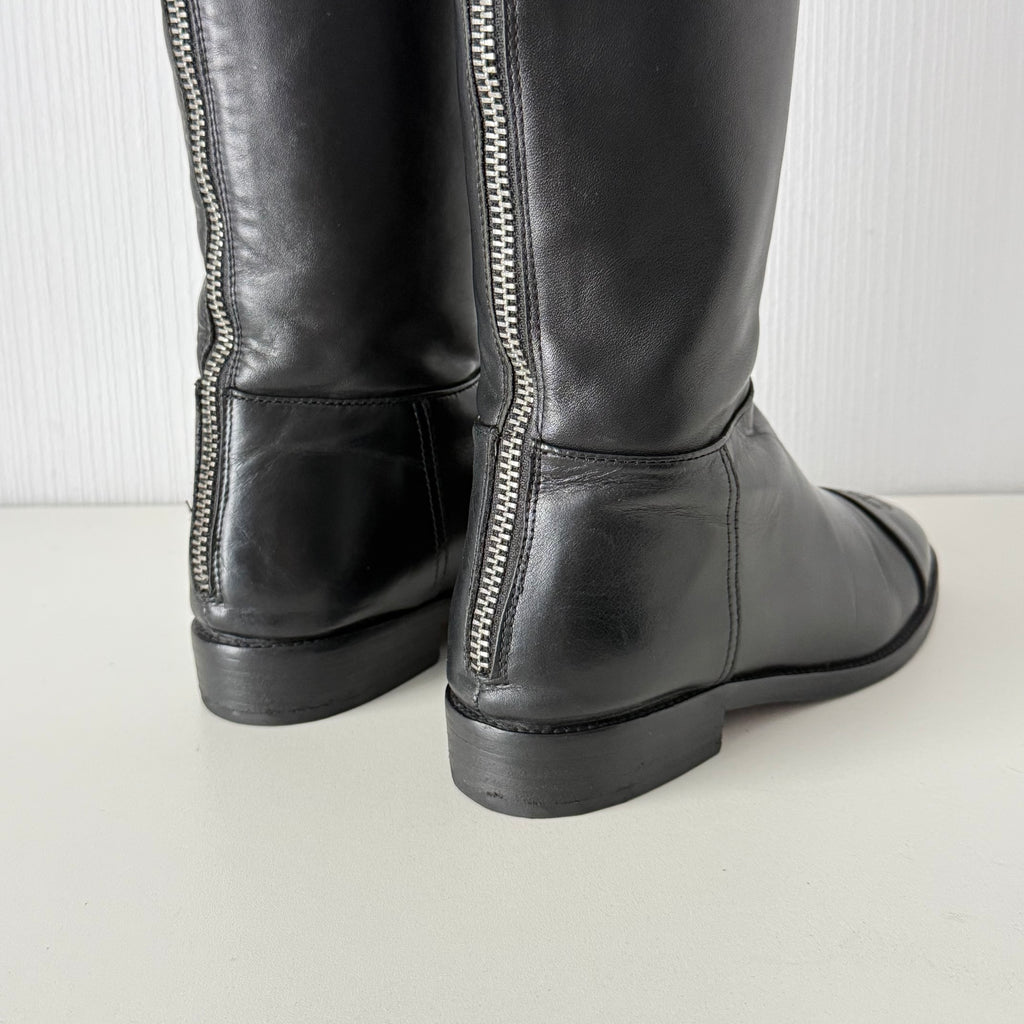Chanel Black Calfskin Leather Knee-High Riding Boots