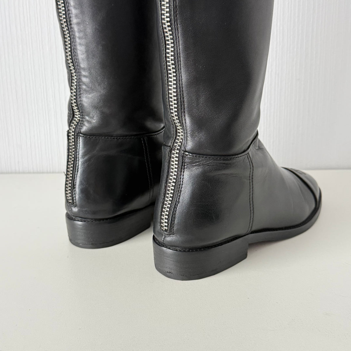 Chanel Black Calfskin Leather Knee-High Riding Boots