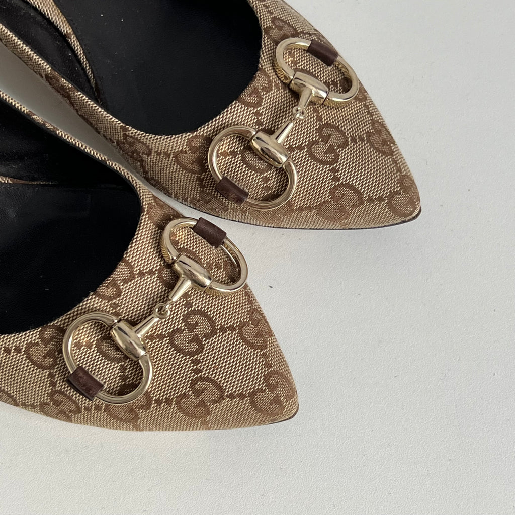 Gucci Beige Guccissima Canvas Horsebit Pointed Toe Pumps Womens Shoes