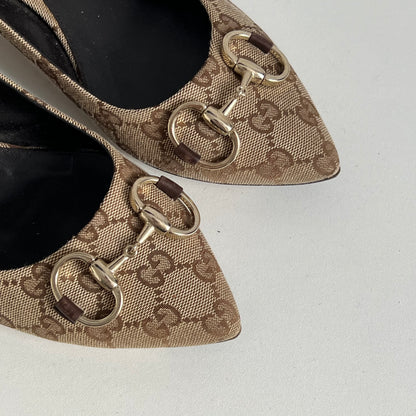 Gucci Beige Guccissima Canvas Horsebit Pointed Toe Pumps Womens Shoes