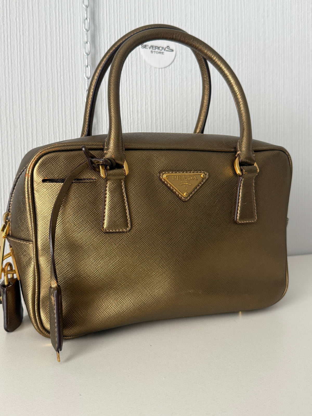 Prada Gold Saffiano Leather Top Handle Bowling Bag