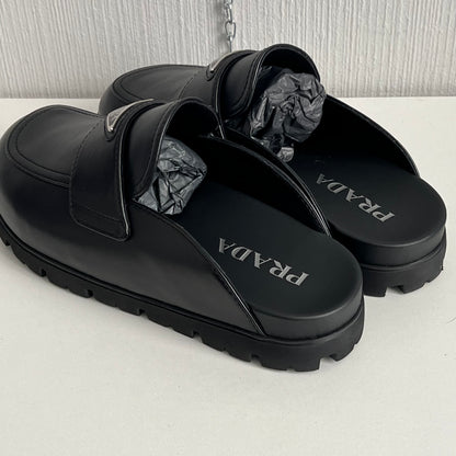 Prada Soft Padded Black Nappa Leather Sabots Mens Slippers