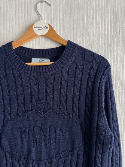 Prada Logo Navy Cotton Cable-knit Sweater