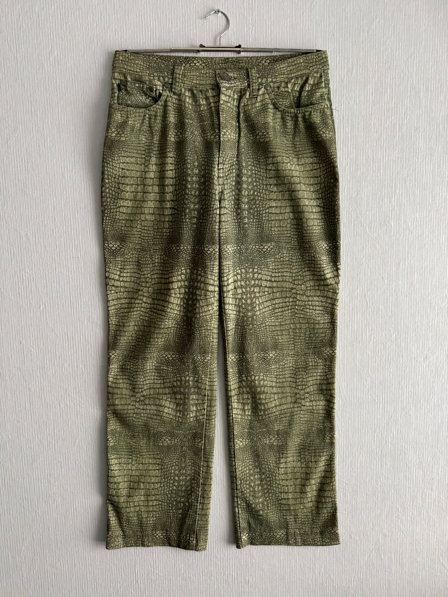 Roberto Cavalli Jeans AW2001 Crocodile Effect Khaki Mens Pants