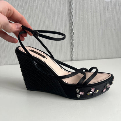 Louis Vuitton Black Satin Crystal Embellished Platform Espadrille Sandals