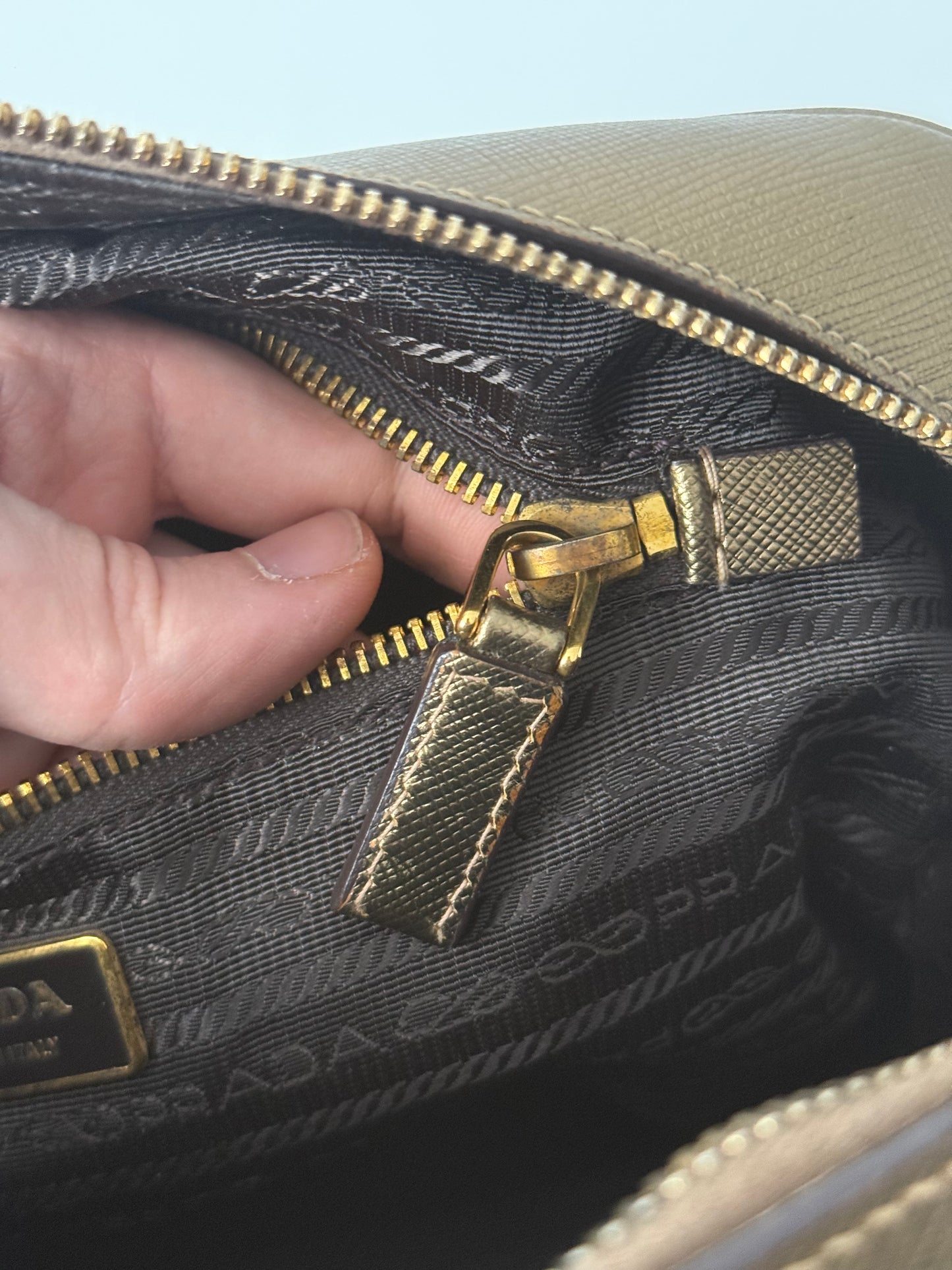 Prada Gold Saffiano Leather Top Handle Bowling Bag