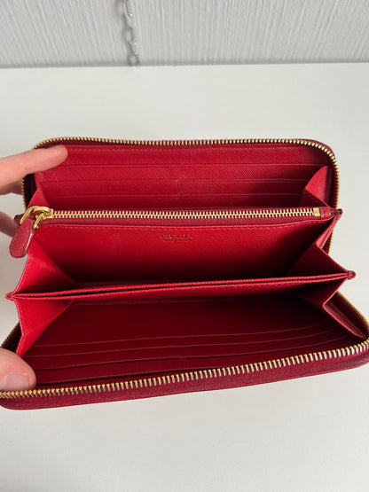 Prada Red Saffiano Leather Zip Around Wallet