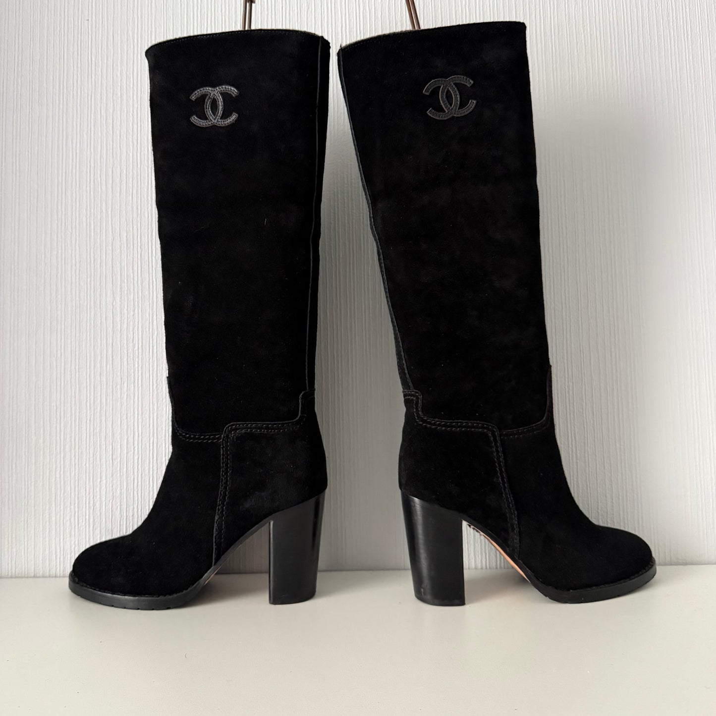 Chanel CC Logo Black Suede Leather High Boots