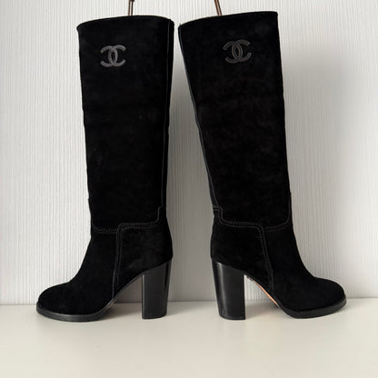 Chanel CC Logo Black Suede Leather High Boots