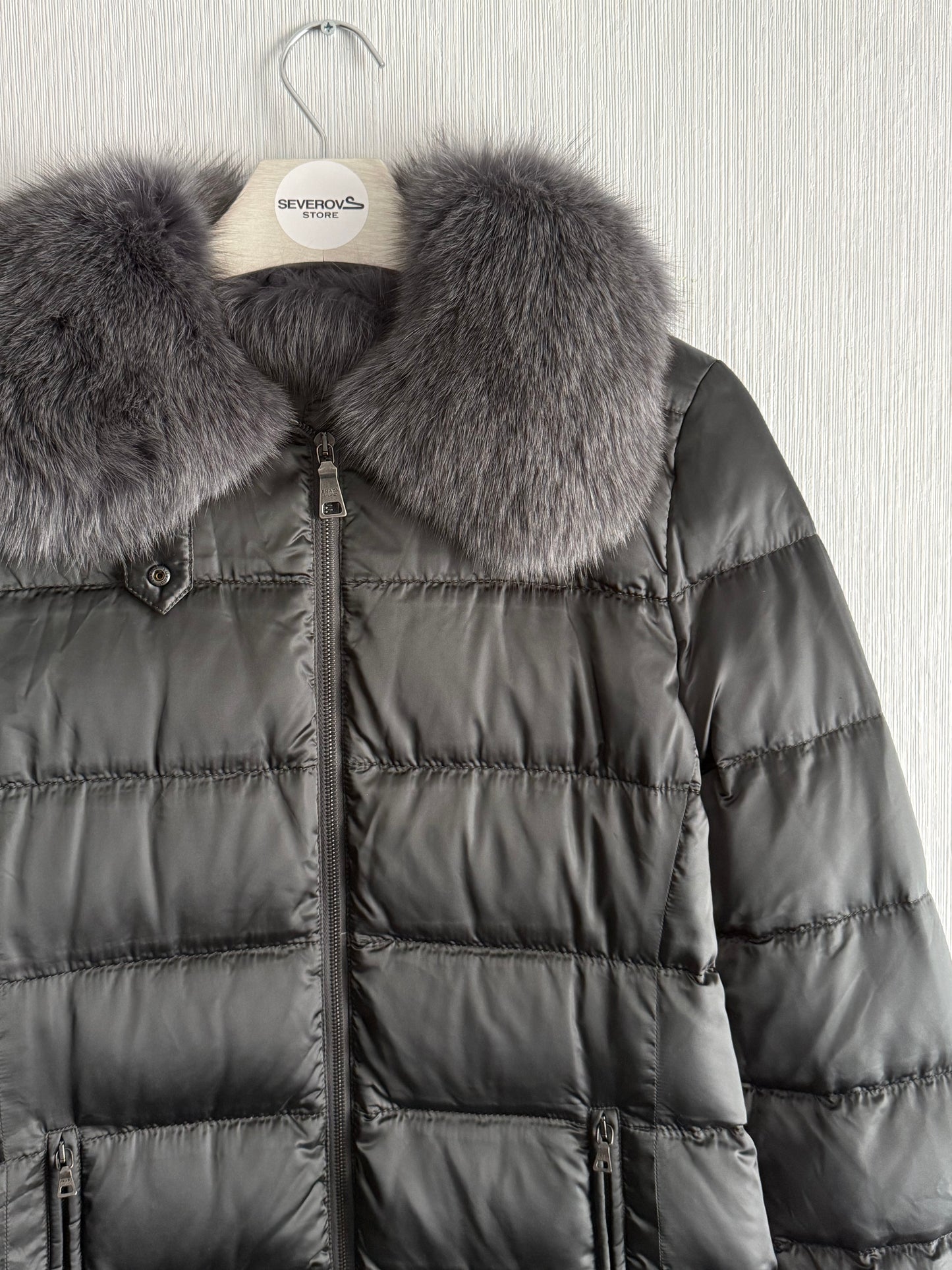 Prada Puffer Down Long Jacket Real Fox Gray Fur Collar