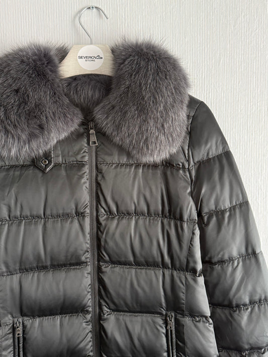 Prada Puffer Down Long Jacket Real Fox Gray Fur Collar