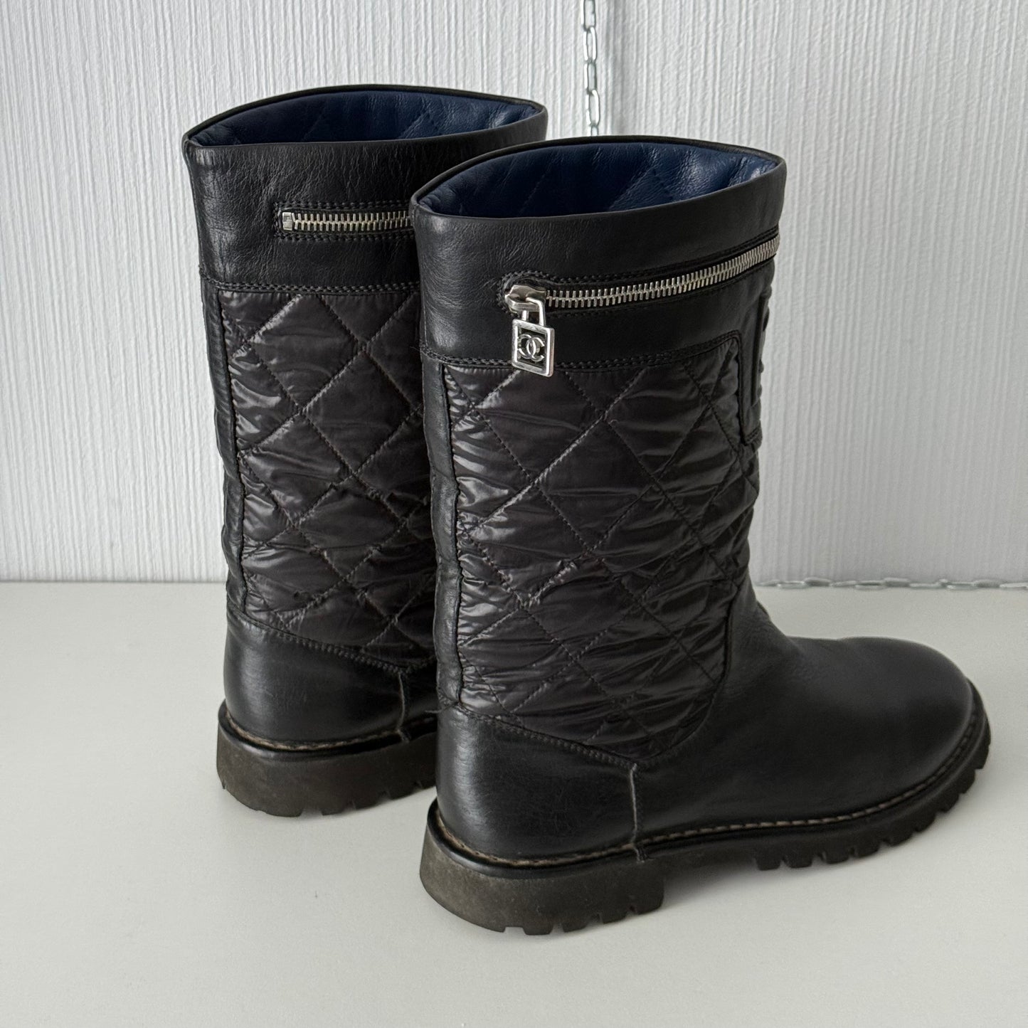 Chanel Black Nylon/Leather Coco Cocoon Boots by Karl Lagerfeld