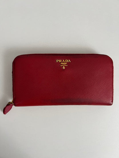 Prada Red Saffiano Leather Zip Around Wallet