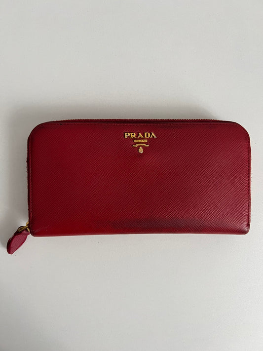 Prada Red Saffiano Leather Zip Around Wallet