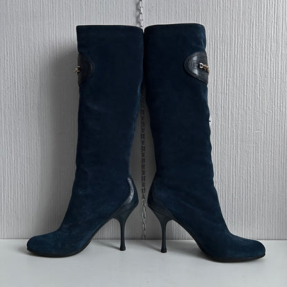 Gucci Blue Suede Chain-Link Accents Heels High Women’s Boots