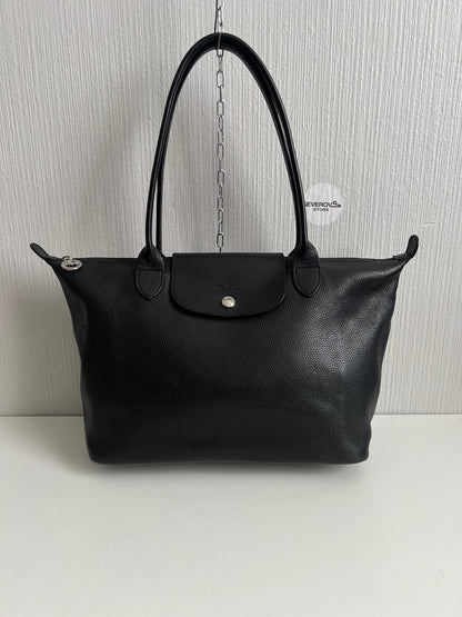 Longchamp Le Pliage Black Leather Tote Bag