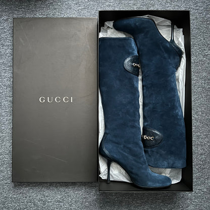 Gucci Blue Suede Chain-Link Accents Heels High Women’s Boots