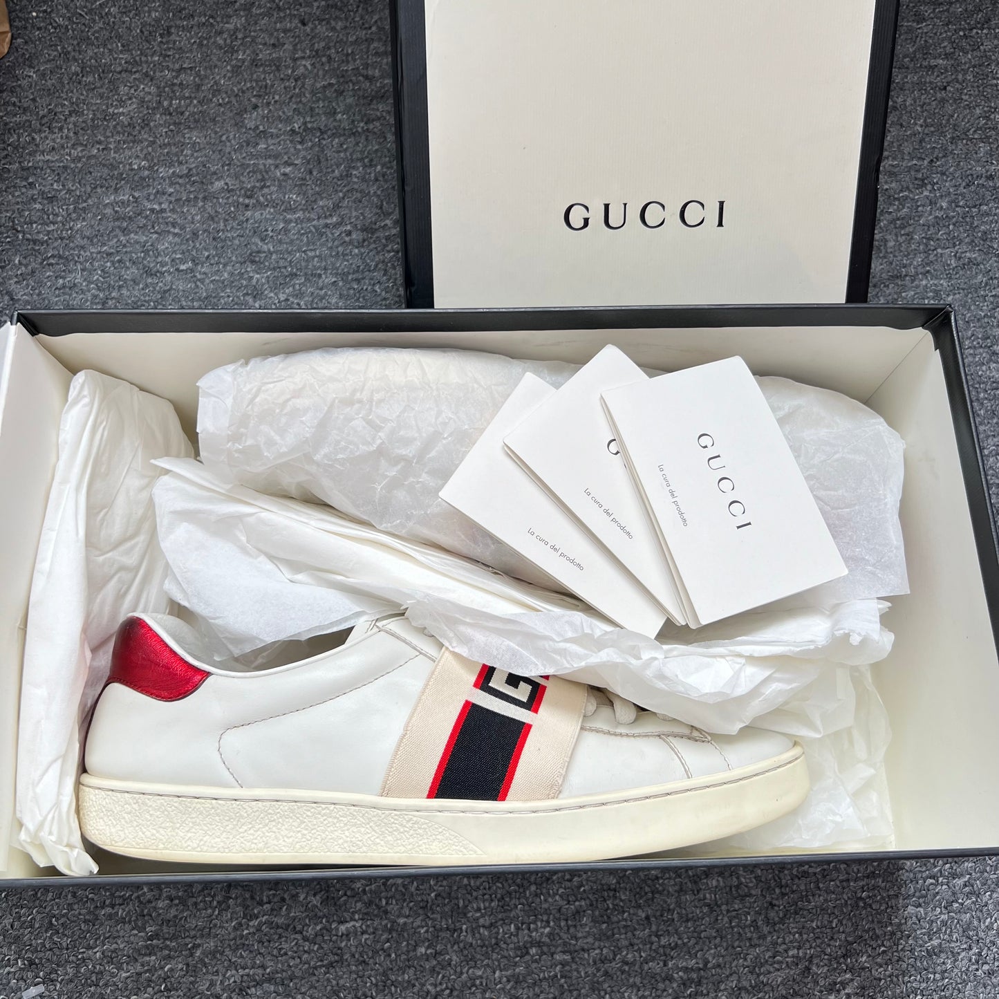Gucci Ace Stripe Leather White Red Black Mens Sneaker