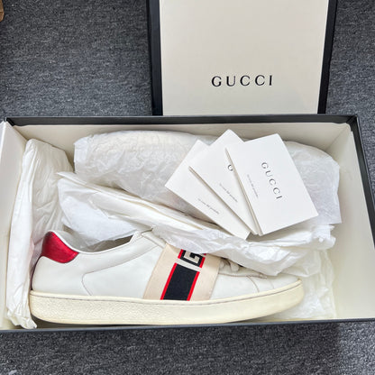 Gucci Ace Stripe Leather White Red Black Mens Sneaker