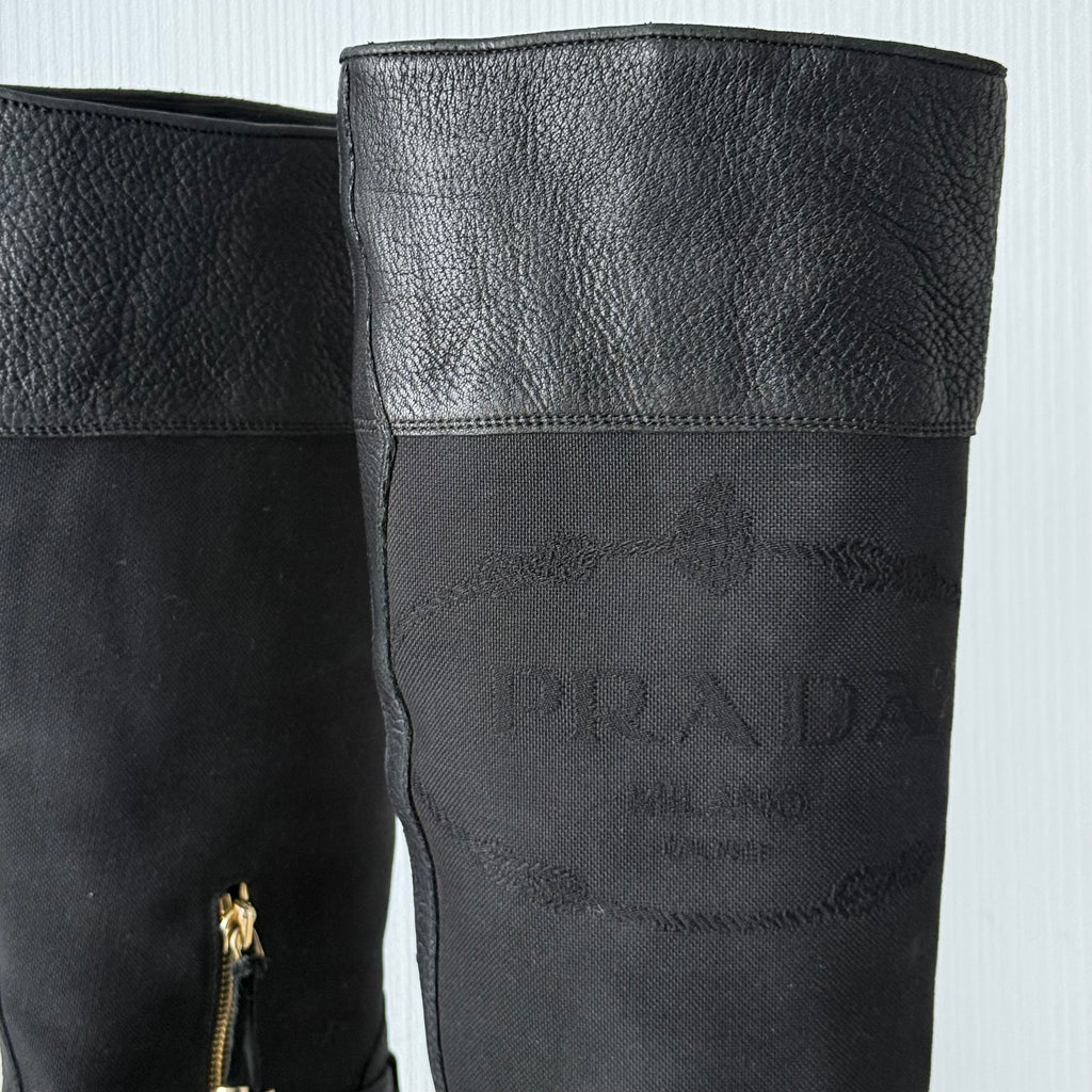 Prada Black Leather Knee High Logo Boots