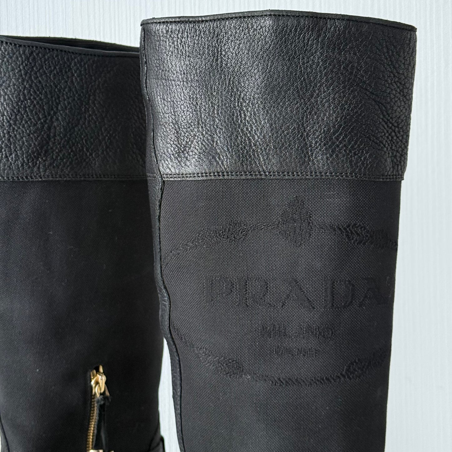 Prada Black Leather Knee High Logo Boots