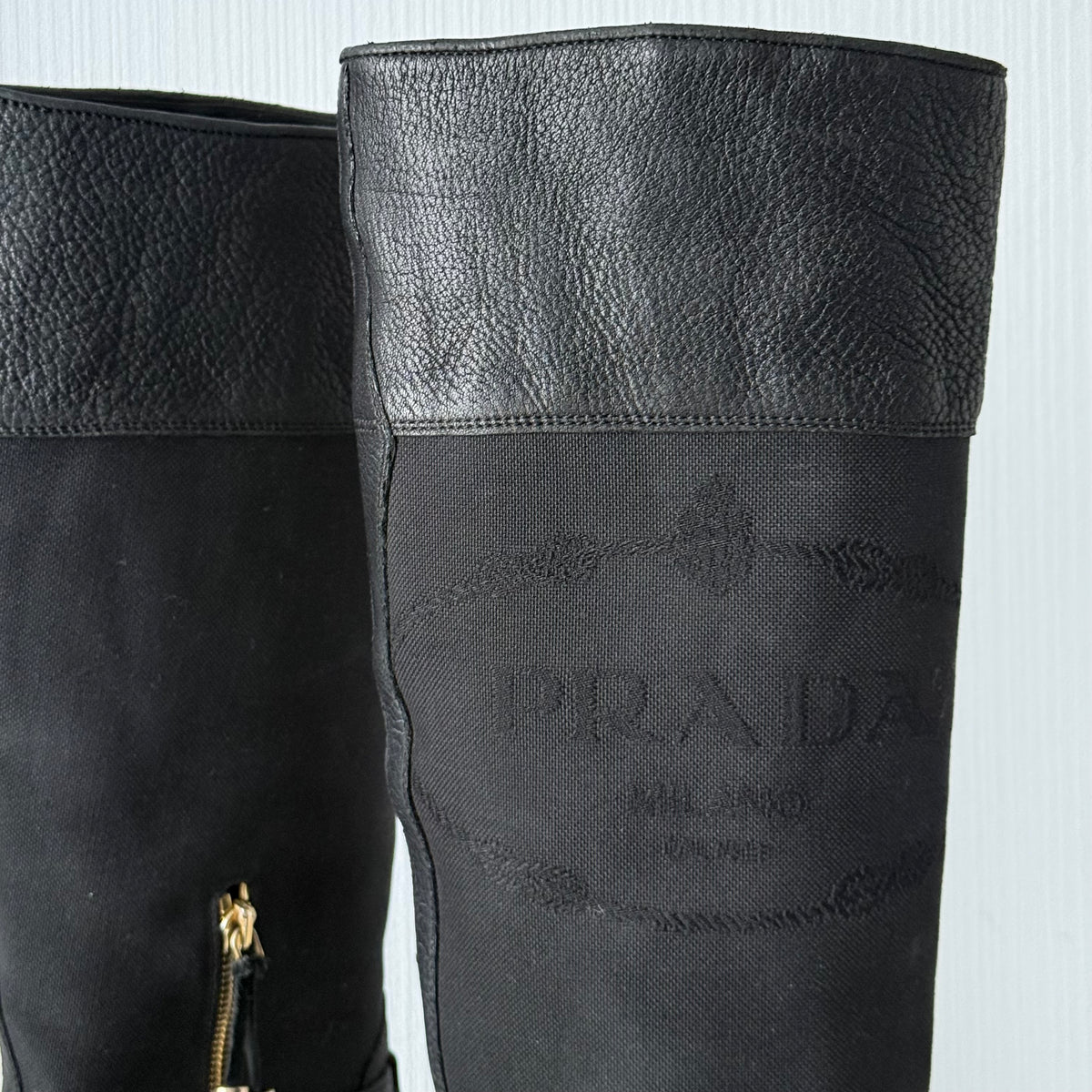 Prada Black Leather Knee High Logo Boots