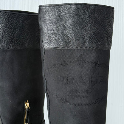 Prada Black Leather Knee High Logo Boots