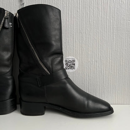 Chanel Biker Black Leather Boots with Silver Buckles