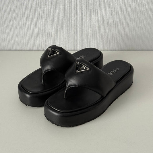 Prada Soft Padded Nappa Leather Thong Wedge Sandals