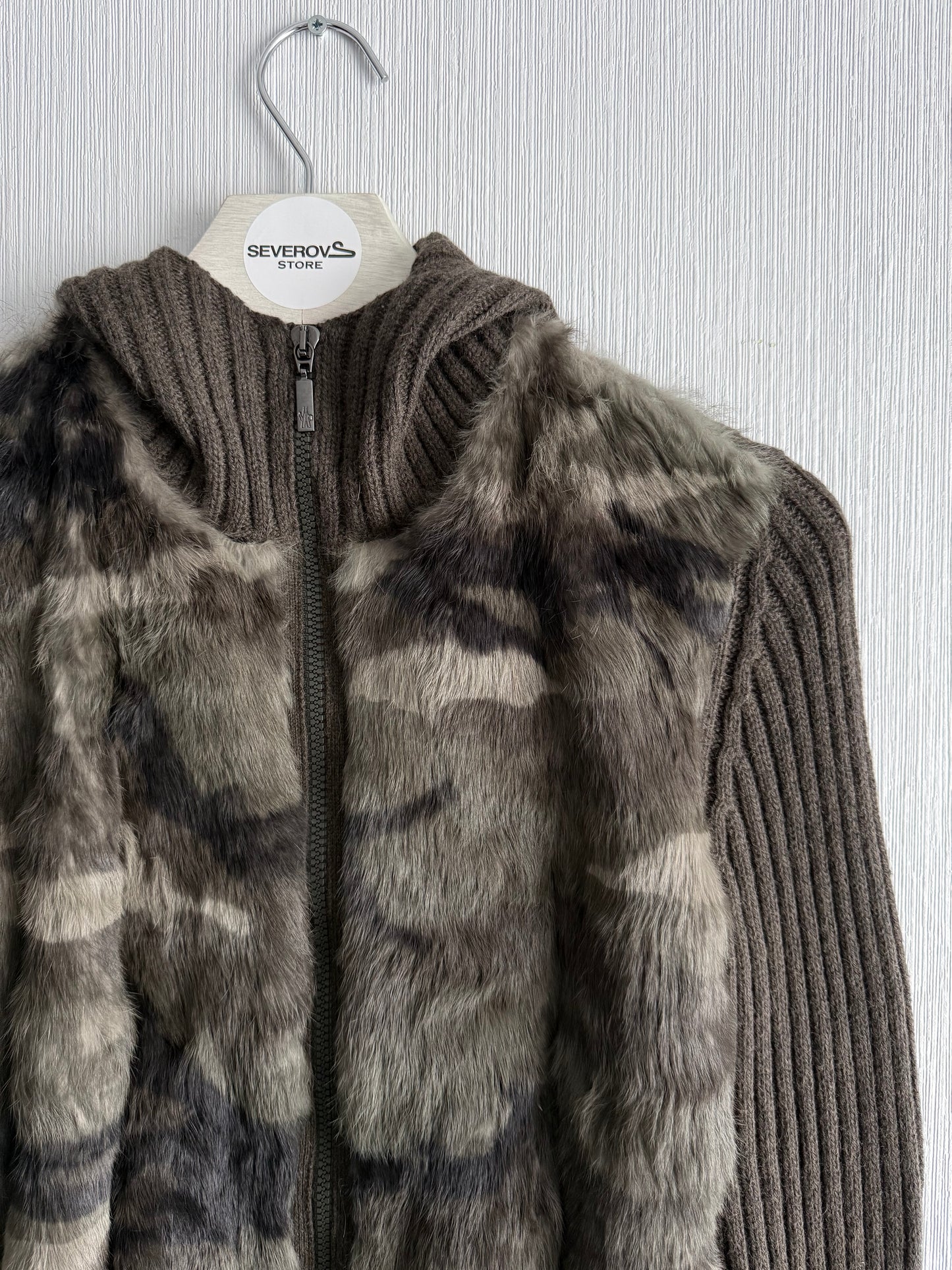 Moncler FW18 Rabbit Fur Camo Zip Up Cardigan Sweater