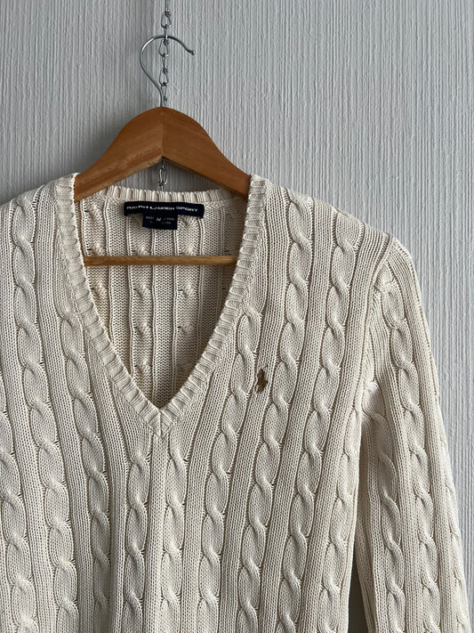 Ralph Lauren Sport Cable Knit V-neck Cream Cotton Sweater
