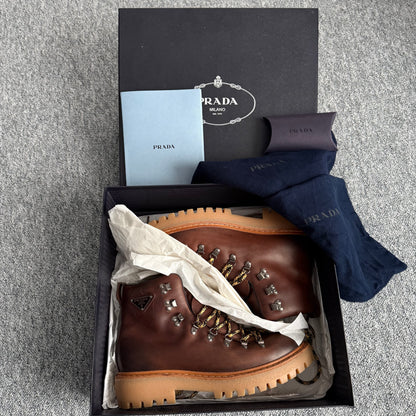 Prada Hike Laced Boots in Brown Leather